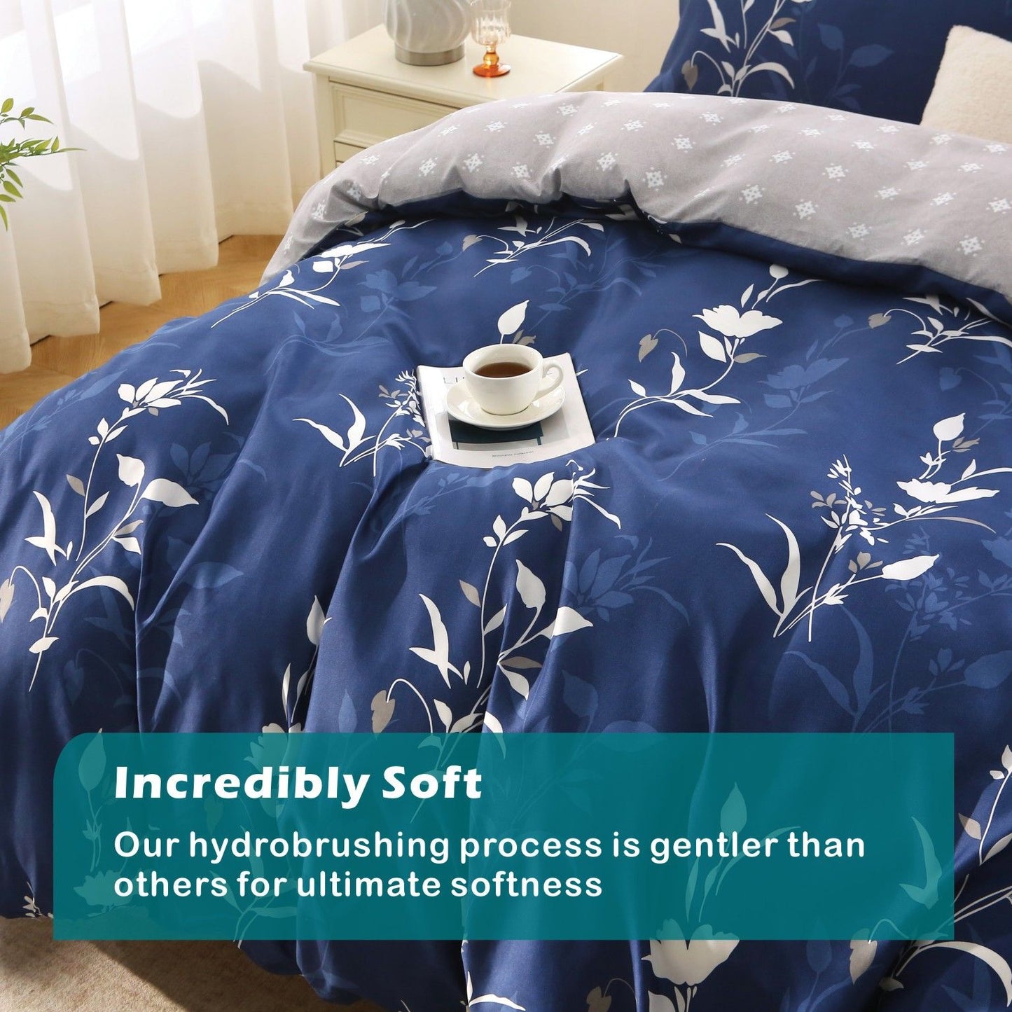 3 Piece Hotel Soft Microfiber Quilt Cover Set-2000TC Duvet/Donna Cover Set & Pillowcases -1 Quilt Cover Zipper Closure & 1 x Pillowcases-Breathable Bedding - Wrinkle, Fade, Stain Resistant(Navy Floral,Queen)