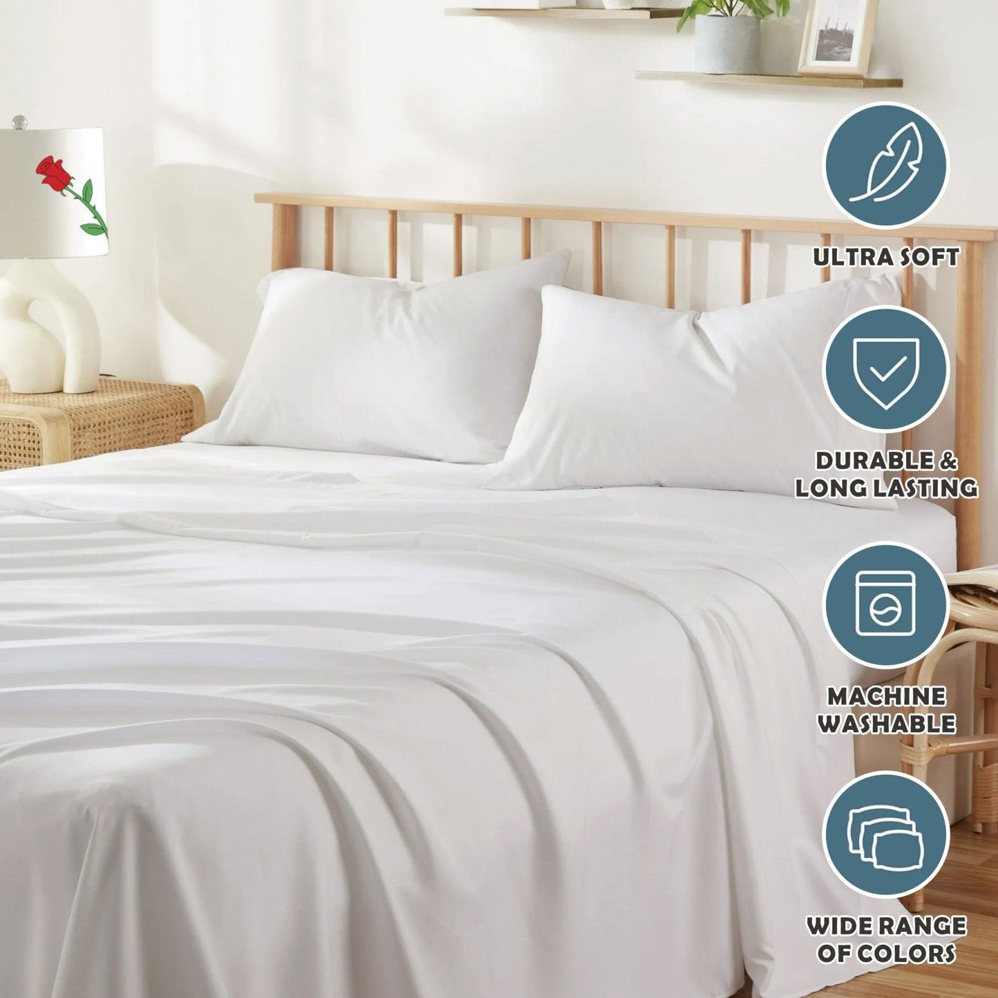 4 Piece Bed Sheet Set- Bedding Sheets & Pillowcases -Breathable Bedding - Wrinkle, Fade, Stain Resistant-Deep Pocket Flat Fitted Bed Sheet Set(White,Queen)