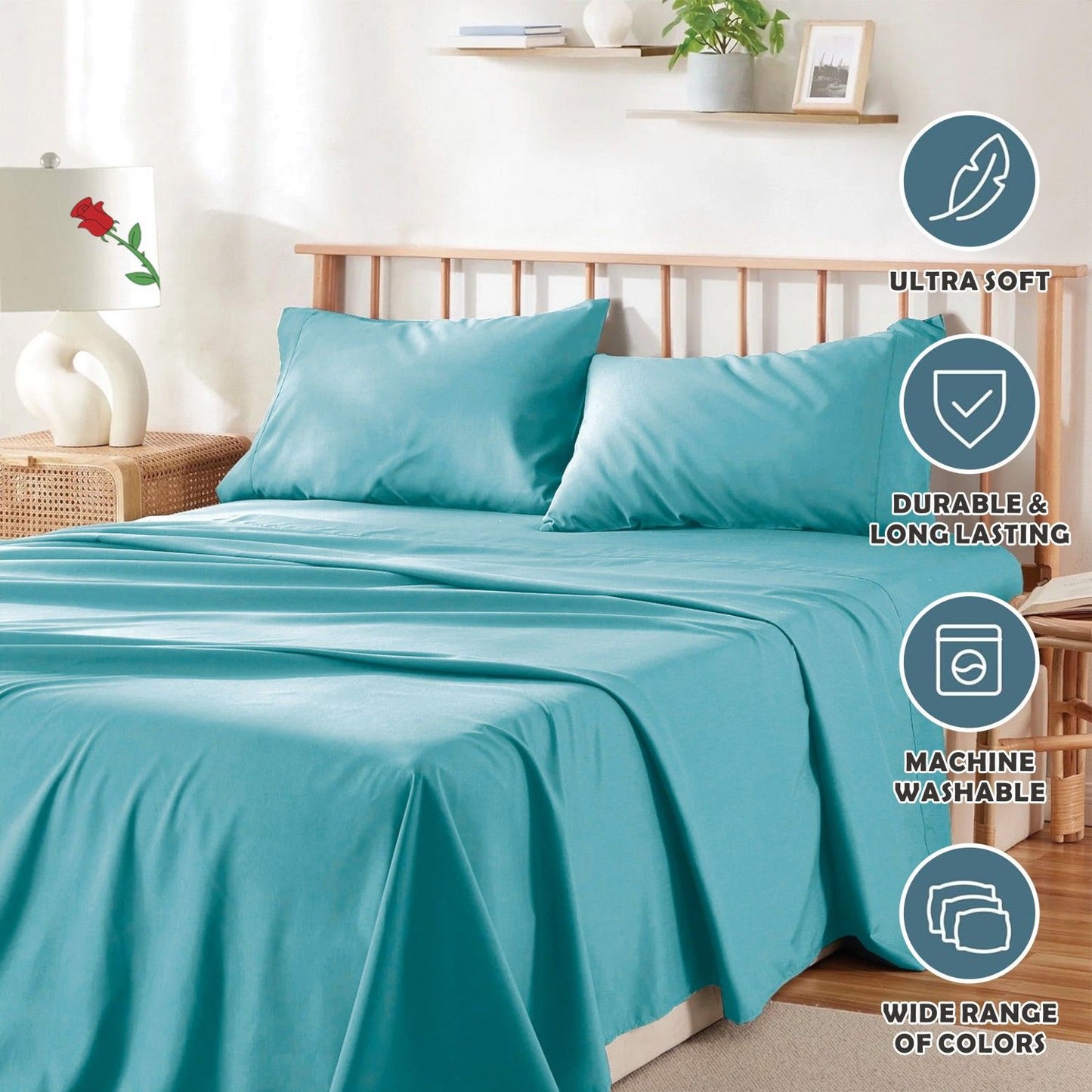 4 Piece Bed Sheet Set- Bedding Sheets & Pillowcases -Breathable Bedding - Wrinkle, Fade, Stain Resistant-Deep Pocket Flat Fitted Bed Sheet Set(Ice Blue,Queen)