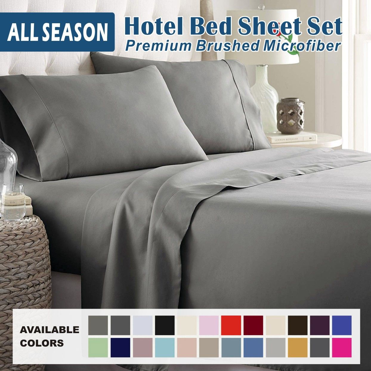 4 Piece Bed Sheet Set- Bedding Sheets & Pillowcases -Breathable Bedding - Wrinkle, Fade, Stain Resistant-Deep Pocket Flat Fitted Bed Sheet Set(Grey,Queen)