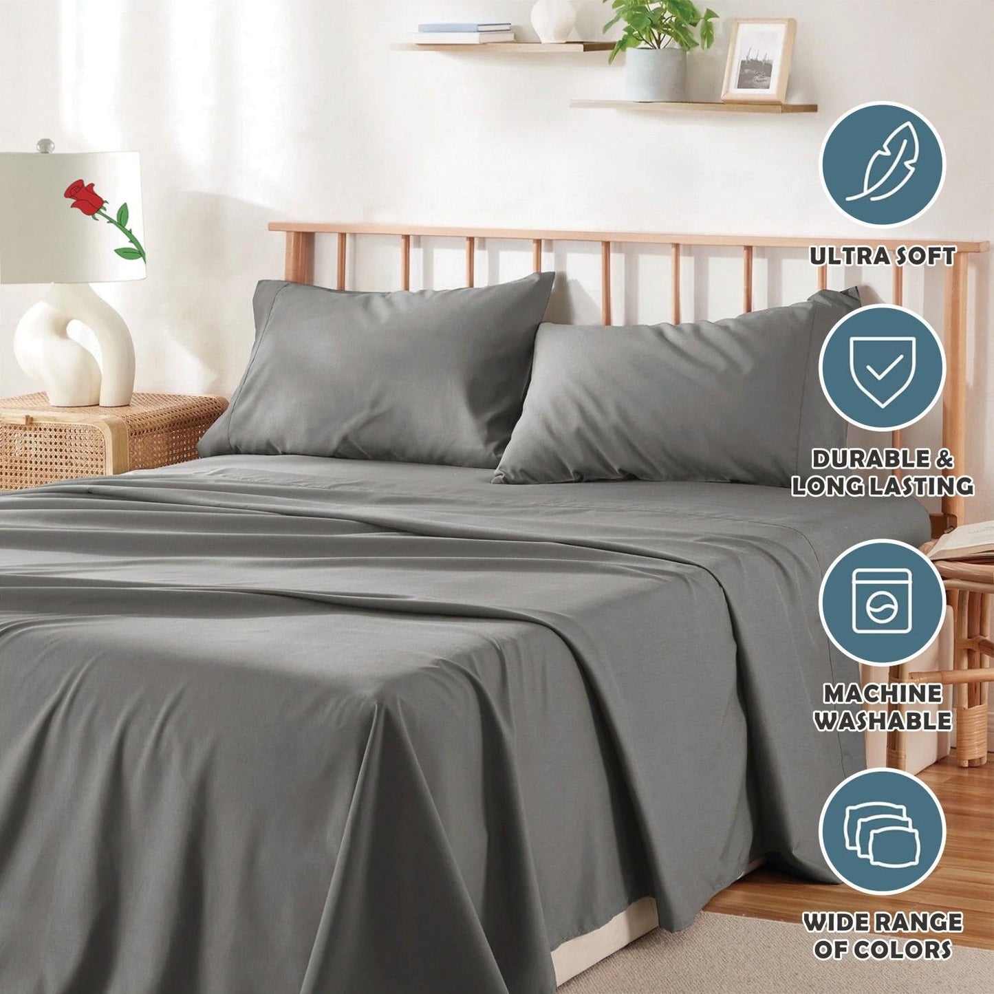 4 Piece Bed Sheet Set- Bedding Sheets & Pillowcases -Breathable Bedding - Wrinkle, Fade, Stain Resistant-Deep Pocket Flat Fitted Bed Sheet Set(Grey,Queen)
