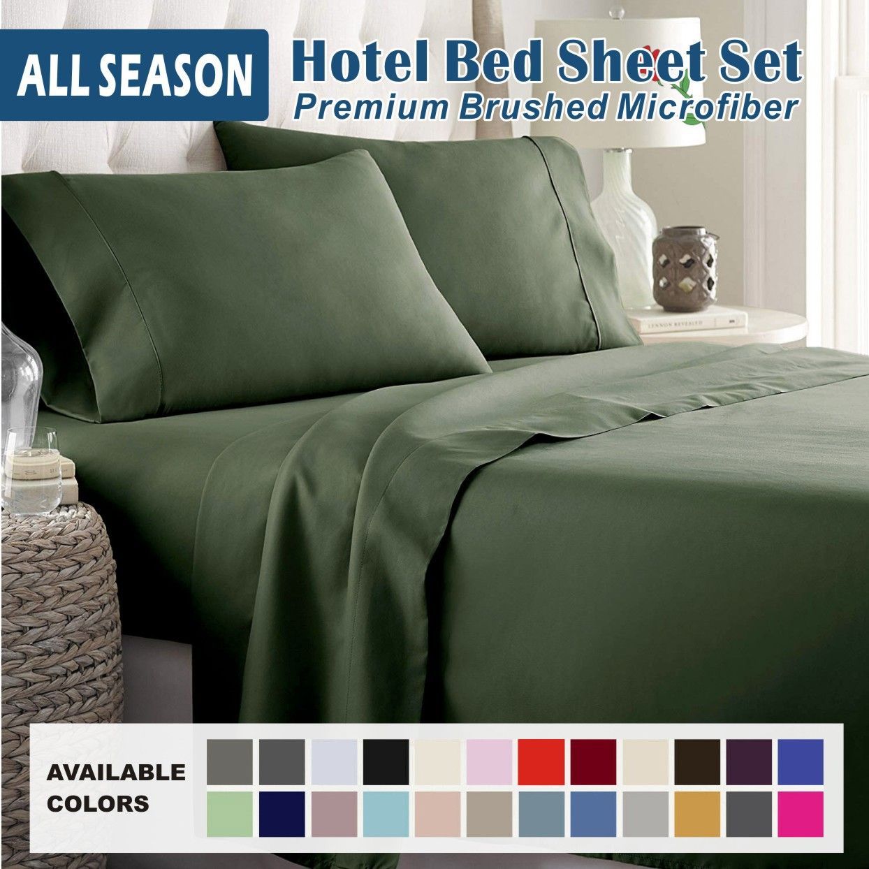 4 Piece Bed Sheet Set- Bedding Sheets & Pillowcases -Breathable Bedding - Wrinkle, Fade, Stain Resistant-Deep Pocket Flat Fitted Bed Sheet Set(Olive green,Queen)