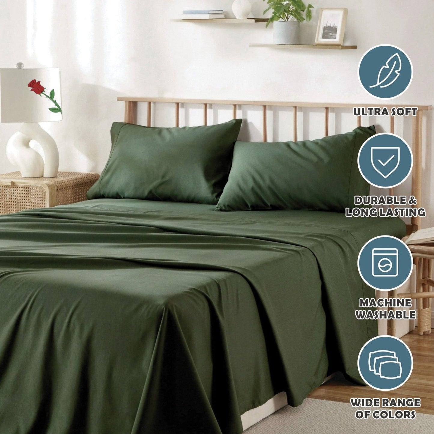 4 Piece Bed Sheet Set- Bedding Sheets & Pillowcases -Breathable Bedding - Wrinkle, Fade, Stain Resistant-Deep Pocket Flat Fitted Bed Sheet Set(Olive green,Queen)