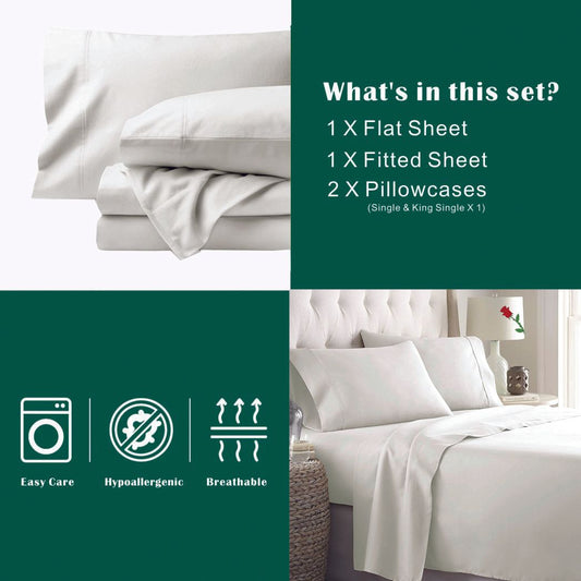 3 Piece Bed Sheet Set- Bedding Sheets & Pillowcases -Breathable Bedding - Wrinkle, Fade, Stain Resistant-Deep Pocket Flat Fitted Bed Sheet Set(Raw white,Single)