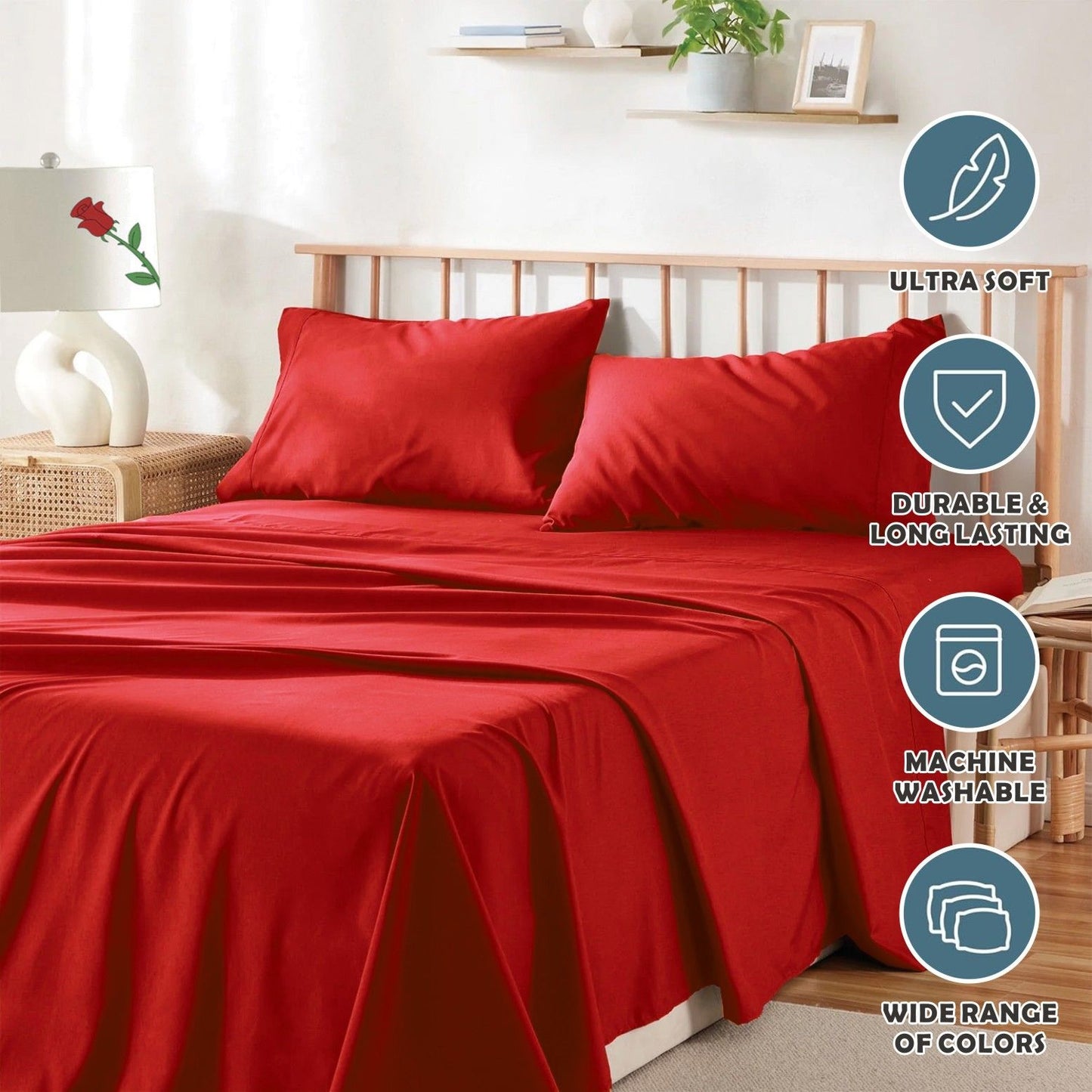 3 Piece Bed Sheet Set- Bedding Sheets & Pillowcases -Breathable Bedding - Wrinkle, Fade, Stain Resistant-Deep Pocket Flat Fitted Bed Sheet Set(Red,Single)