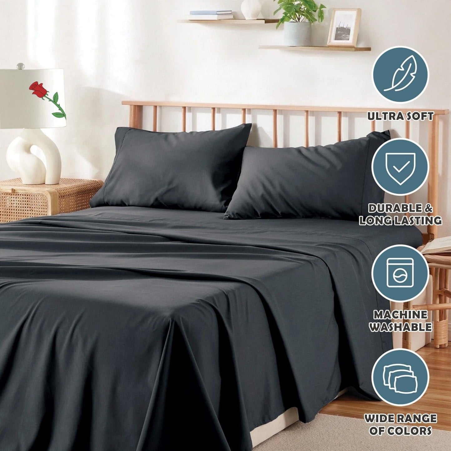3 Piece Bed Sheet Set- Bedding Sheets & Pillowcases -Breathable Bedding - Wrinkle, Fade, Stain Resistant-Deep Pocket Flat Fitted Bed Sheet Set(Black,Single)