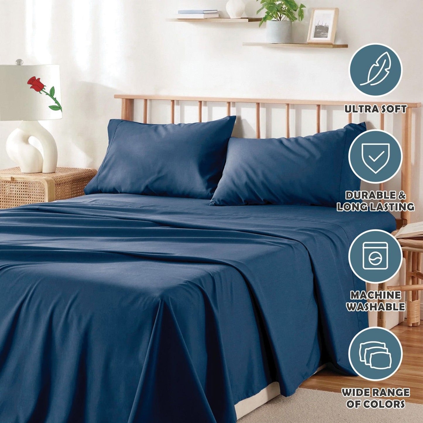 3 Piece Bed Sheet Set- Bedding Sheets & Pillowcases -Breathable Bedding - Wrinkle, Fade, Stain Resistant-Deep Pocket Flat Fitted Bed Sheet Set(Navy,Single)
