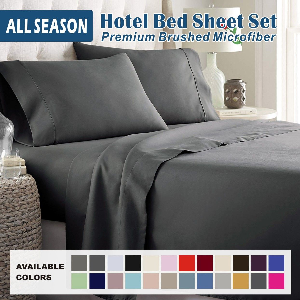 3 Piece Bed Sheet Set- Bedding Sheets & Pillowcases -Breathable Bedding - Wrinkle, Fade, Stain Resistant-Deep Pocket Flat Fitted Bed Sheet Set(Dark gray,Single)