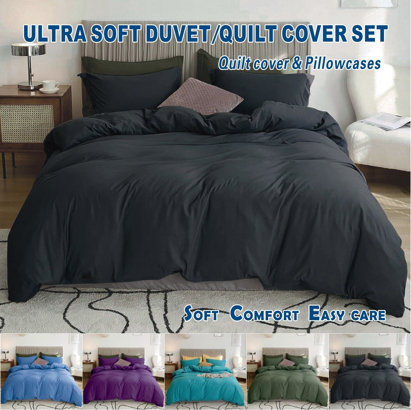 3 Piece Hotel Soft Microfiber Quilt Cover Set-2000TC Duvet/Donna Cover Set & Pillowcases -1 Quilt Cover Zipper Closure & 1 x Pillowcases-Breathable Bedding - Wrinkle, Fade, Stain Resistant(Black,Super King)