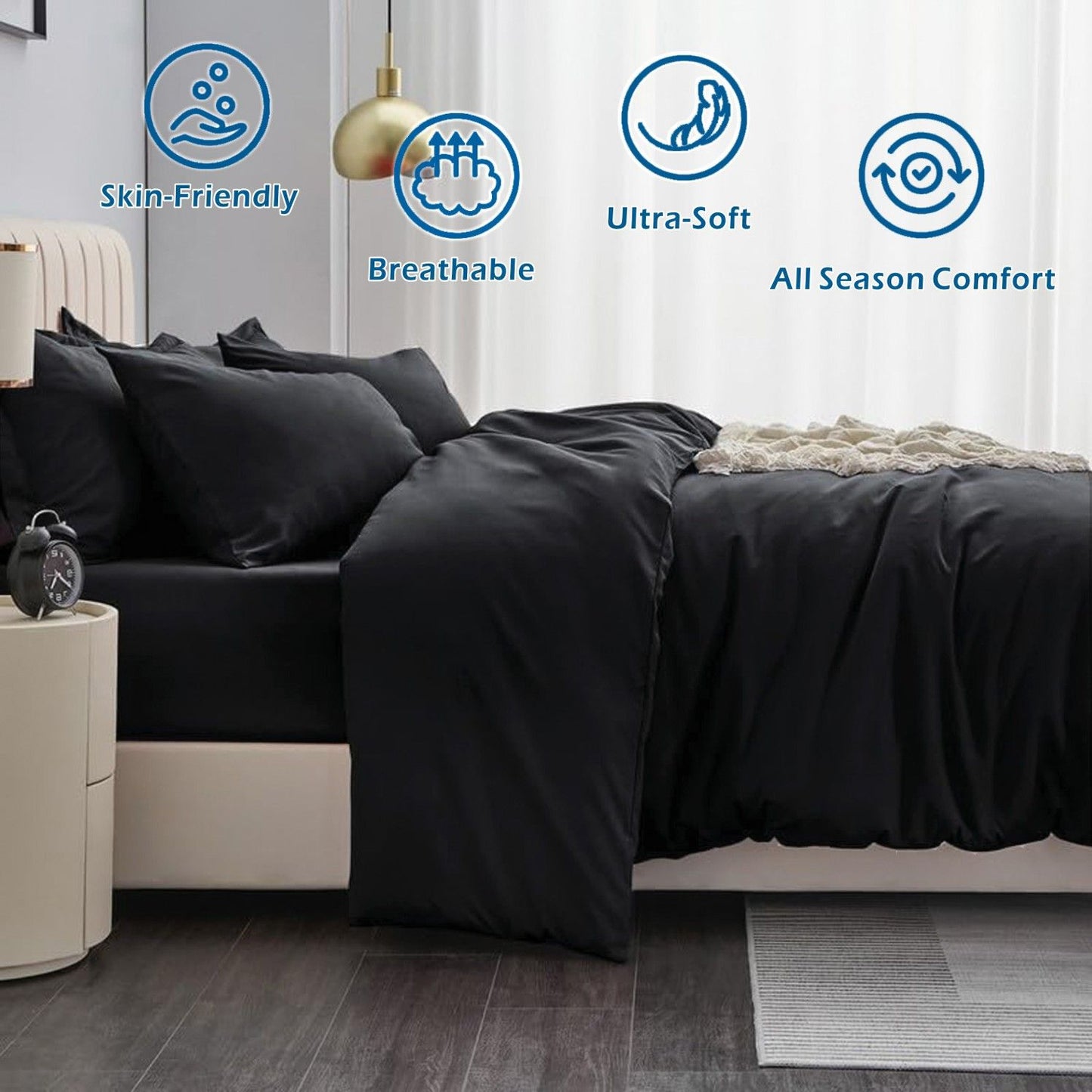 3 Piece Hotel Soft Microfiber Quilt Cover Set-2000TC Duvet/Donna Cover Set & Pillowcases -1 Quilt Cover Zipper Closure & 1 x Pillowcases-Breathable Bedding - Wrinkle, Fade, Stain Resistant(Black,Super King)