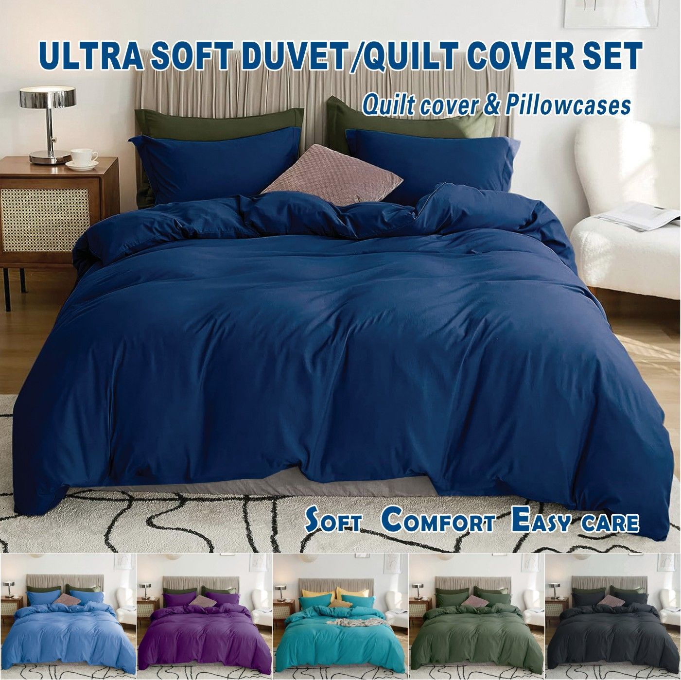 3 Piece Hotel Soft Microfiber Quilt Cover Set-2000TC Duvet/Donna Cover Set & Pillowcases -1 Quilt Cover Zipper Closure & 1 x Pillowcases-Breathable Bedding - Wrinkle, Fade, Stain Resistant(Navy,Super King)