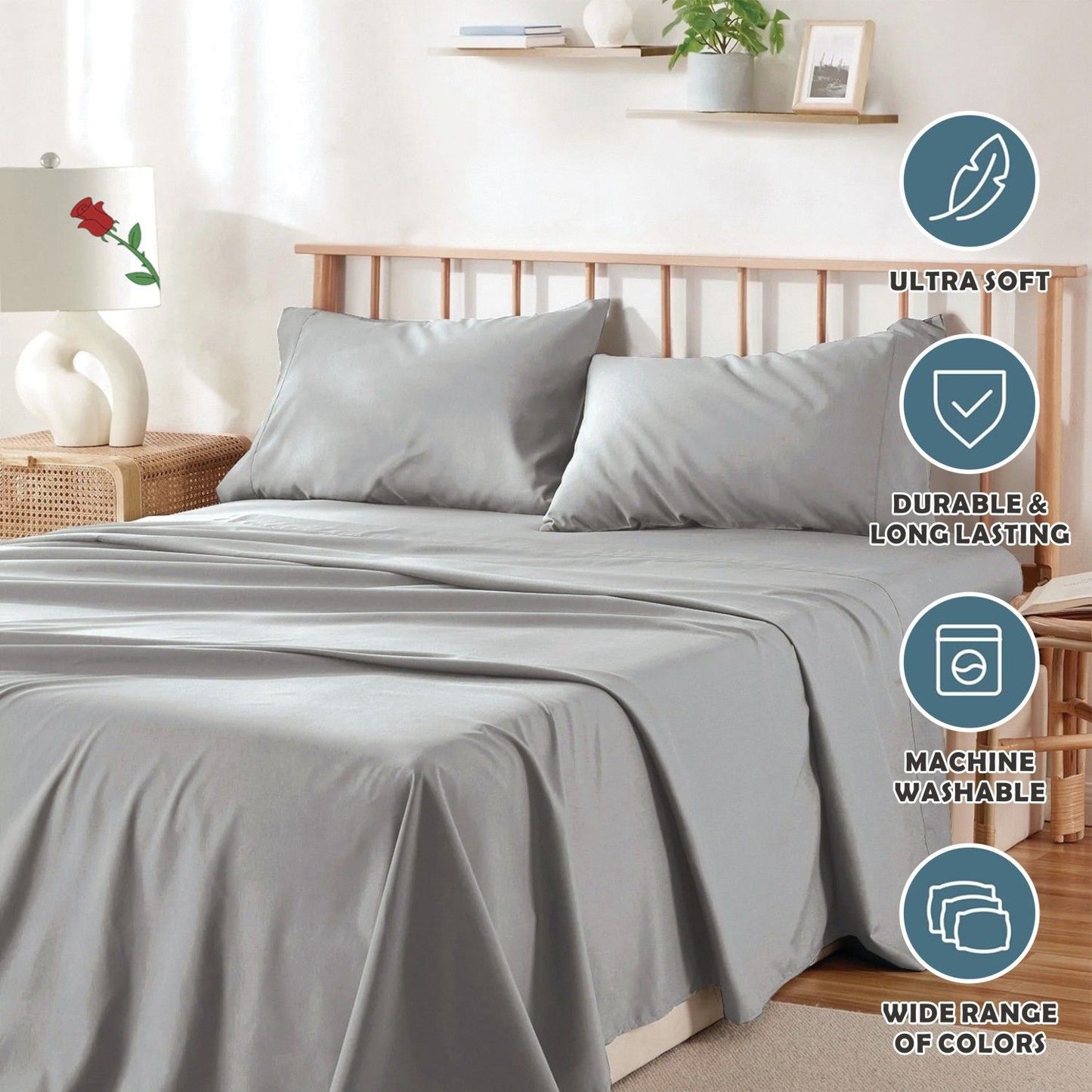 4 Piece Bed Sheet Set- Bedding Sheets & Pillowcases -Breathable Bedding - Wrinkle, Fade, Stain Resistant-Deep Pocket Flat Fitted Bed Sheet Set(Silver-gray,Super King)