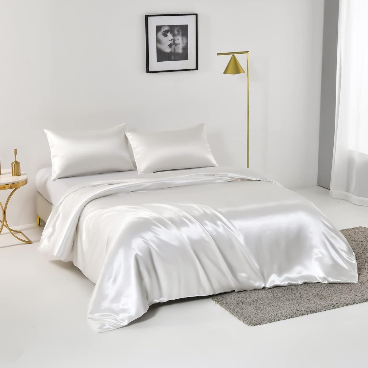 Satin Quilt cover Set Hotel 3 Pieces Quilt cover with Pillowcase, Art Silk Bedding Set-Luxury Soft Silky pillowcase for Hair and Skin, Similar to Silk Duvet/Donna Cover Set- 3 Pieces(Double,White)