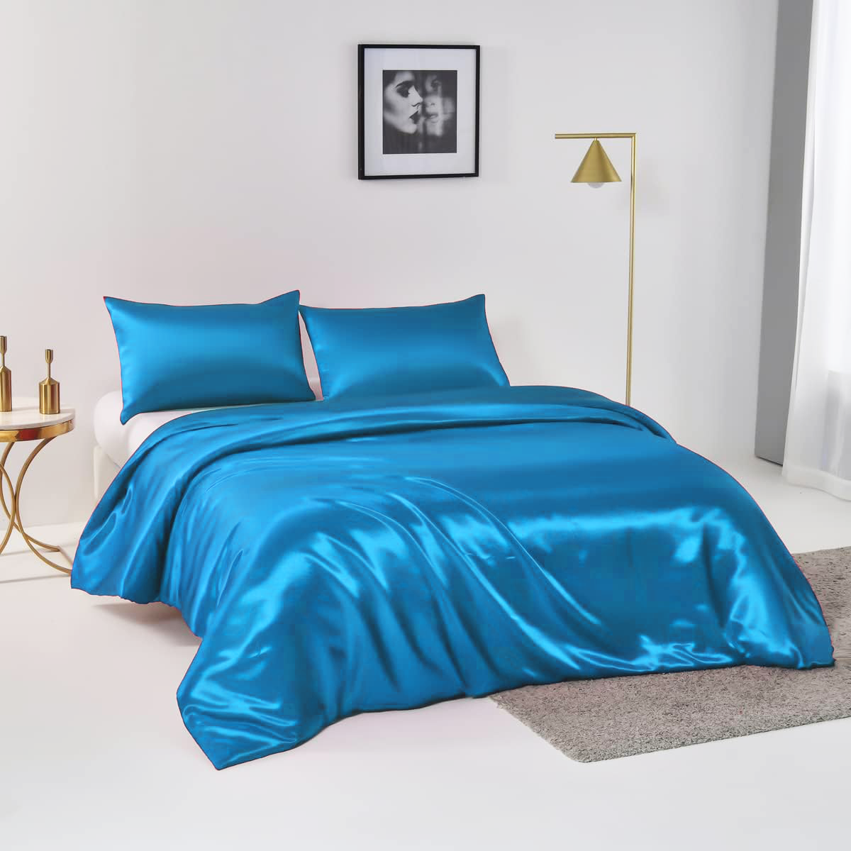 Satin Quilt cover Set Hotel 3 Pieces Quilt cover with Pillowcase, Art Silk Bedding Set-Luxury Soft Silky pillowcase for Hair and Skin, Similar to Silk Duvet/Donna Cover Set- 3 Pieces(Double,Ocean)