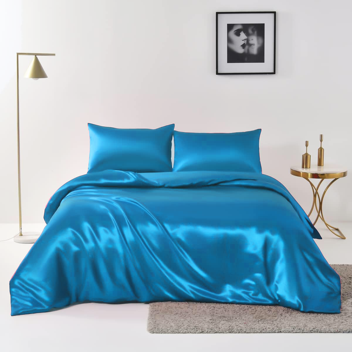 Satin Quilt cover Set Hotel 3 Pieces Quilt cover with Pillowcase, Art Silk Bedding Set-Luxury Soft Silky pillowcase for Hair and Skin, Similar to Silk Duvet/Donna Cover Set- 3 Pieces(Double,Ocean)