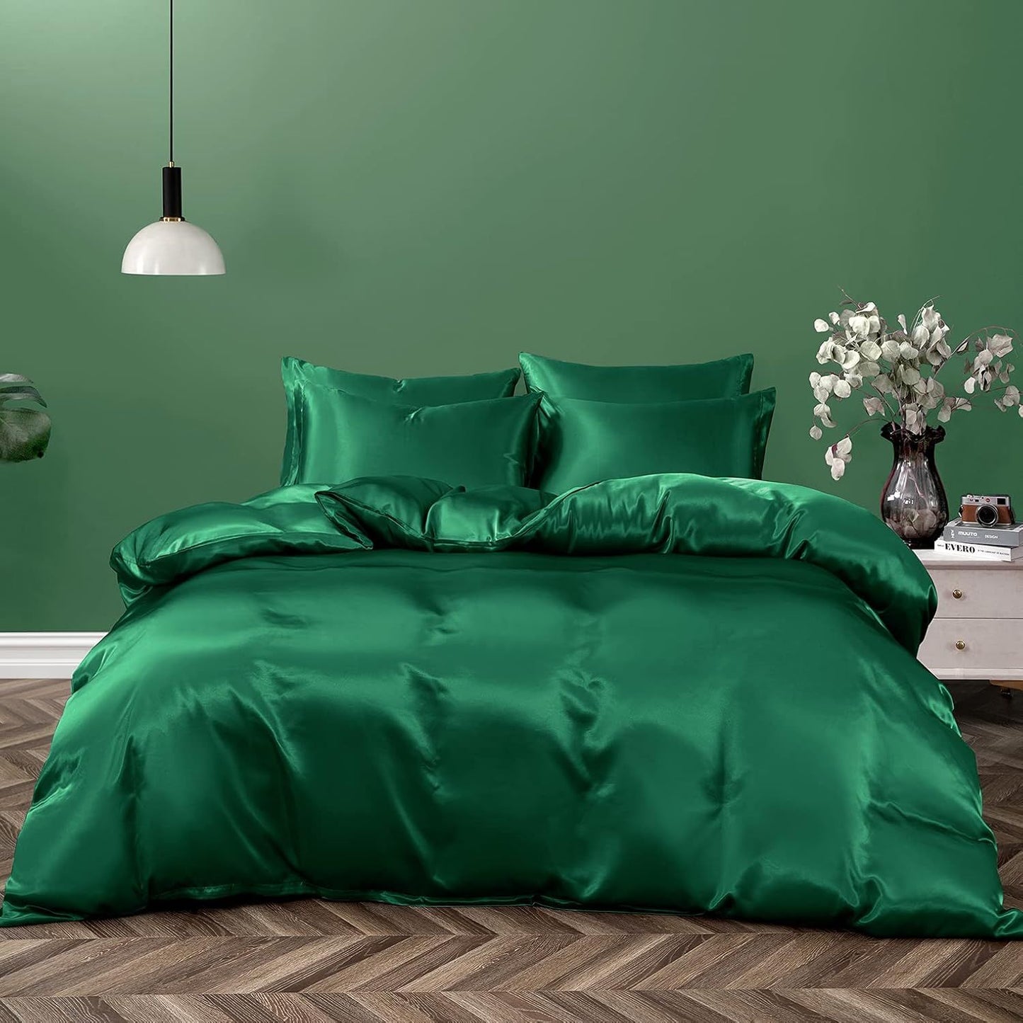 Satin Quilt cover Set Hotel 3 Pieces Quilt cover with Pillowcase, Art Silk Bedding Set-Luxury Soft Silky pillowcase for Hair and Skin, Similar to Silk Duvet/Donna Cover Set- 3 Pieces(Double,Green)