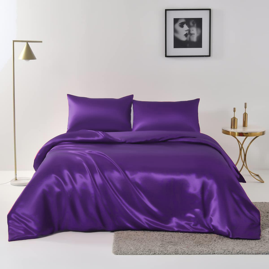 Satin Quilt cover Set Hotel 3 Pieces Quilt cover with Pillowcase, Art Silk Bedding Set-Luxury Soft Silky pillowcase for Hair and Skin, Similar to Silk Duvet/Donna Cover Set- 3 Pieces(Double,Purple)
