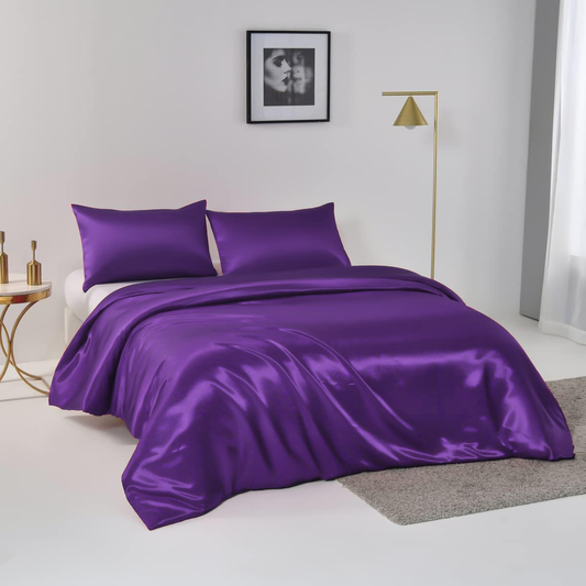Satin Quilt cover Set Hotel 3 Pieces Quilt cover with Pillowcase, Art Silk Bedding Set-Luxury Soft Silky pillowcase for Hair and Skin, Similar to Silk Duvet/Donna Cover Set- 3 Pieces(Double,Purple)