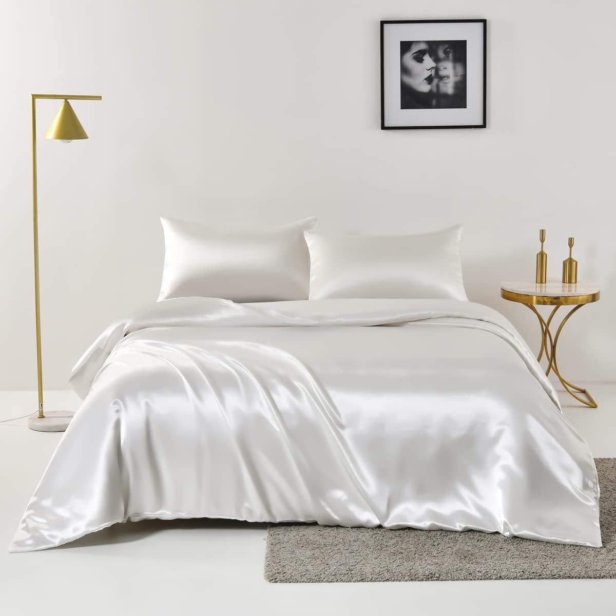 Satin Quilt cover Set Hotel 3 Pieces Quilt cover with Pillowcase, Art Silk Bedding Set-Luxury Soft Silky pillowcase for Hair and Skin, Similar to Silk Duvet/Donna Cover Set- 3 Pieces(King,White)