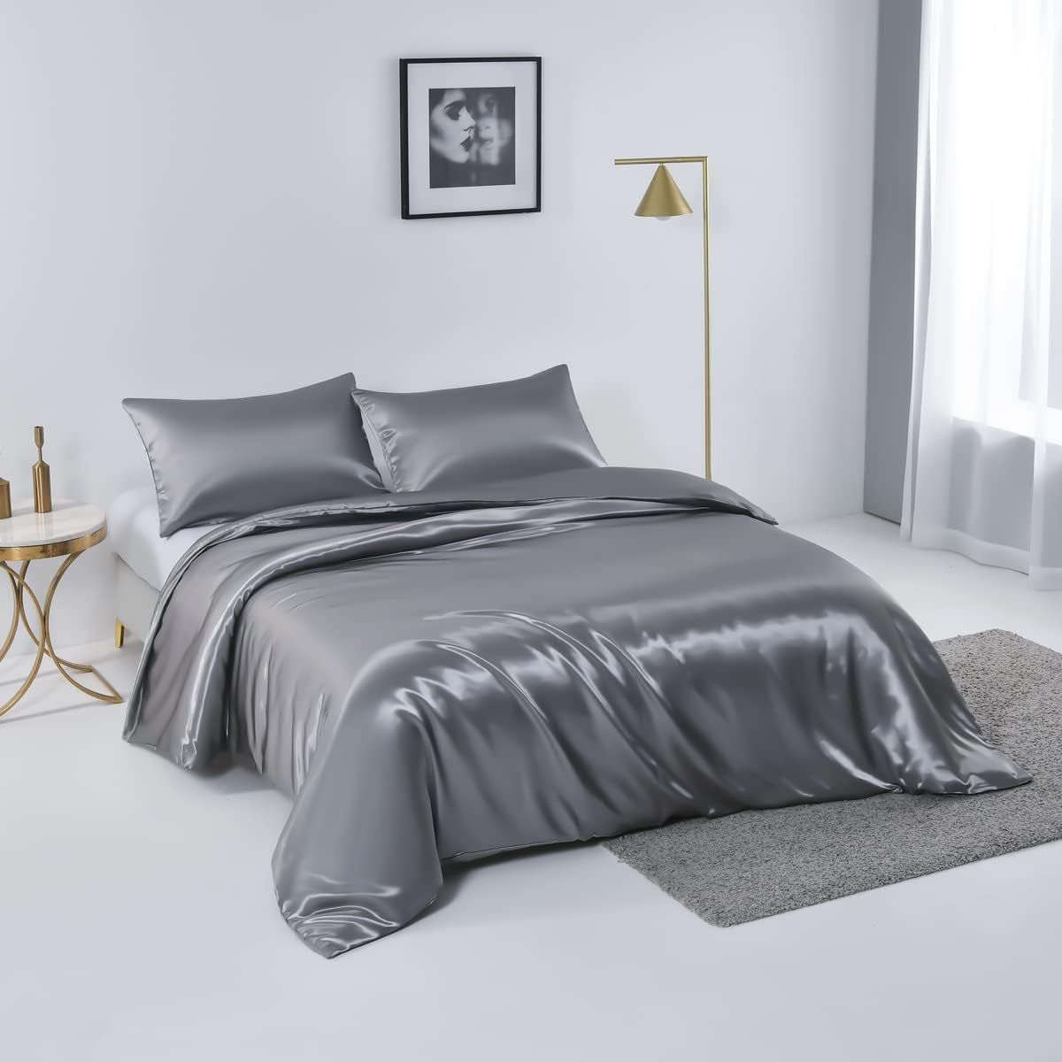 Satin Quilt cover Set Hotel 3 Pieces Quilt cover with Pillowcase, Art Silk Bedding Set-Luxury Soft Silky pillowcase for Hair and Skin, Similar to Silk Duvet/Donna Cover Set- 3 Pieces(King,Grey)