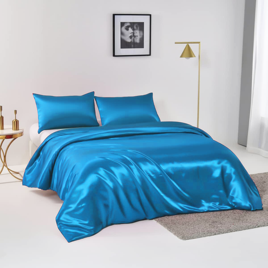 Satin Quilt cover Set Hotel 3 Pieces Quilt cover with Pillowcase, Art Silk Bedding Set-Luxury Soft Silky pillowcase for Hair and Skin, Similar to Silk Duvet/Donna Cover Set- 3 Pieces(Queen,Ocean)