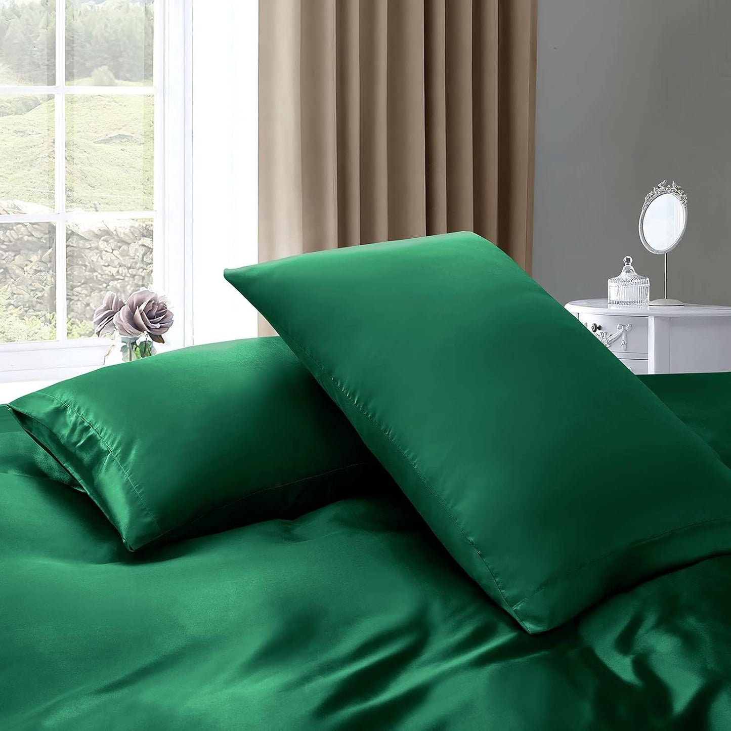 Satin Quilt cover Set Hotel 3 Pieces Quilt cover with Pillowcase, Art Silk Bedding Set-Luxury Soft Silky pillowcase for Hair and Skin, Similar to Silk Duvet/Donna Cover Set- 3 Pieces(Queen,Green)
