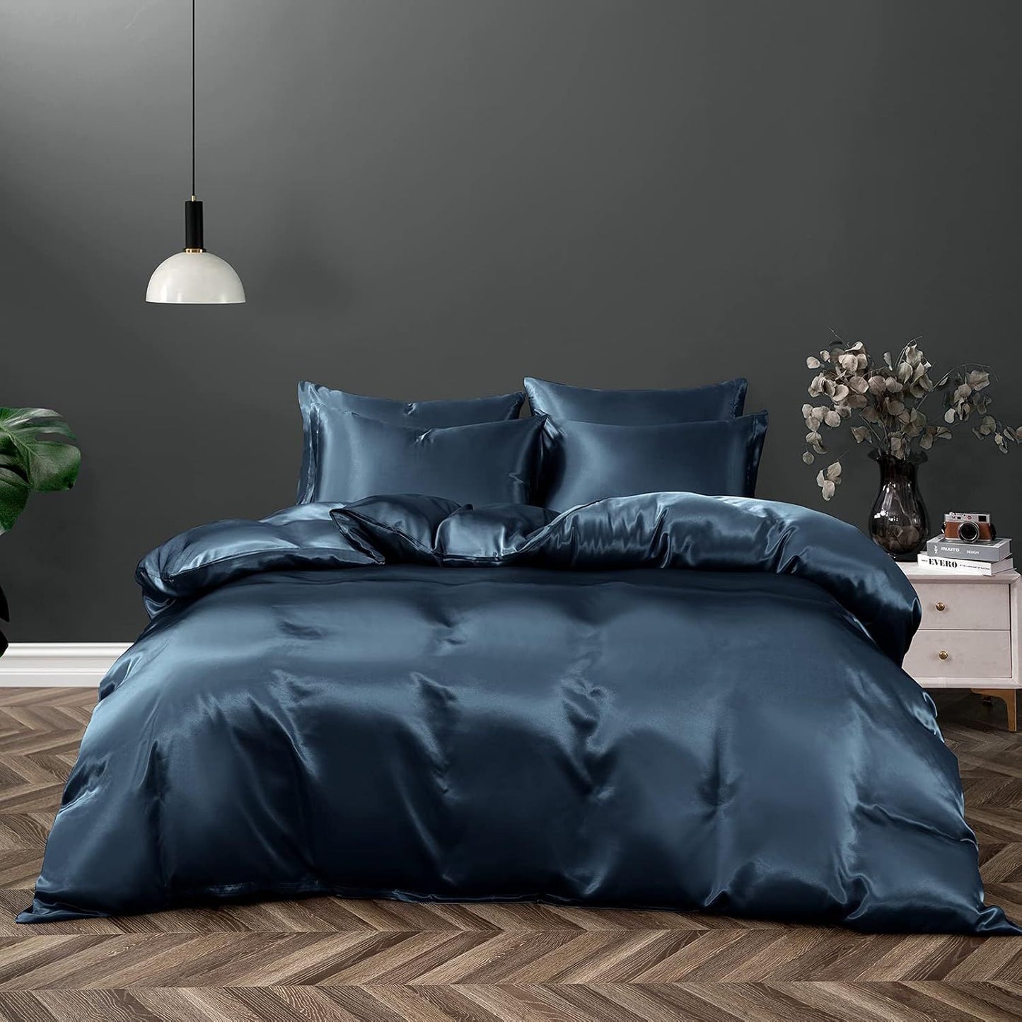 Satin Quilt cover Set Hotel 3 Pieces Quilt cover with Pillowcase, Art Silk Bedding Set-Luxury Soft Silky pillowcase for Hair and Skin, Similar to Silk Duvet/Donna Cover Set- 3 Pieces(Queen,Navy)