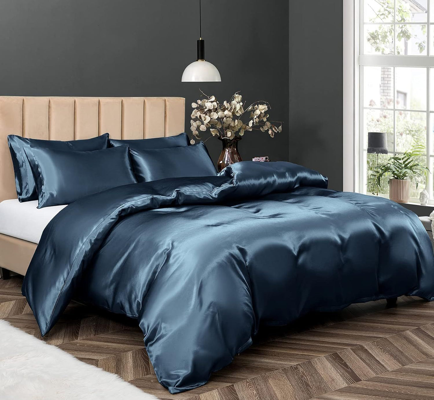 Satin Quilt cover Set Hotel 3 Pieces Quilt cover with Pillowcase, Art Silk Bedding Set-Luxury Soft Silky pillowcase for Hair and Skin, Similar to Silk Duvet/Donna Cover Set- 3 Pieces(Queen,Navy)