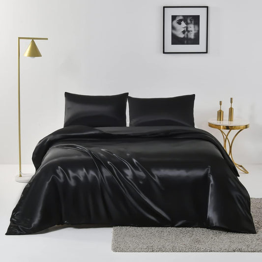 Satin Quilt cover Set Hotel 3 Pieces Quilt cover with Pillowcase, Art Silk Bedding Set-Luxury Soft Silky pillowcase for Hair and Skin, Similar to Silk Duvet/Donna Cover Set- 3 Pieces(Super King,Black)