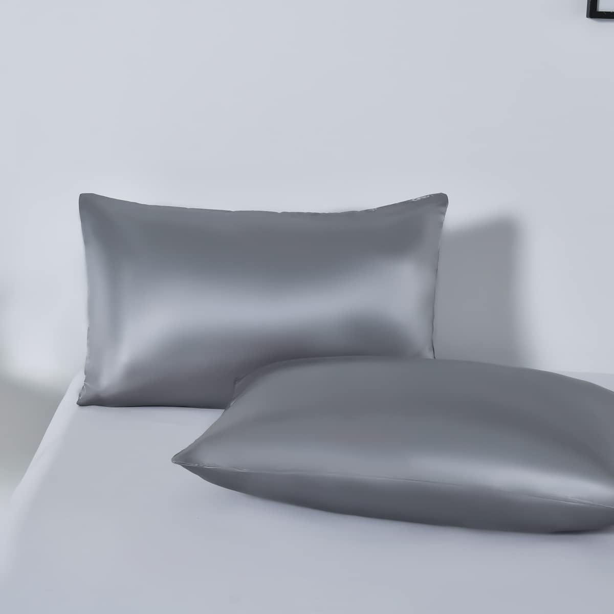 Satin Quilt cover Set Hotel 3 Pieces Quilt cover with Pillowcase, Art Silk Bedding Set-Luxury Soft Silky pillowcase for Hair and Skin, Similar to Silk Duvet/Donna Cover Set- 3 Pieces(Super King,Grey)