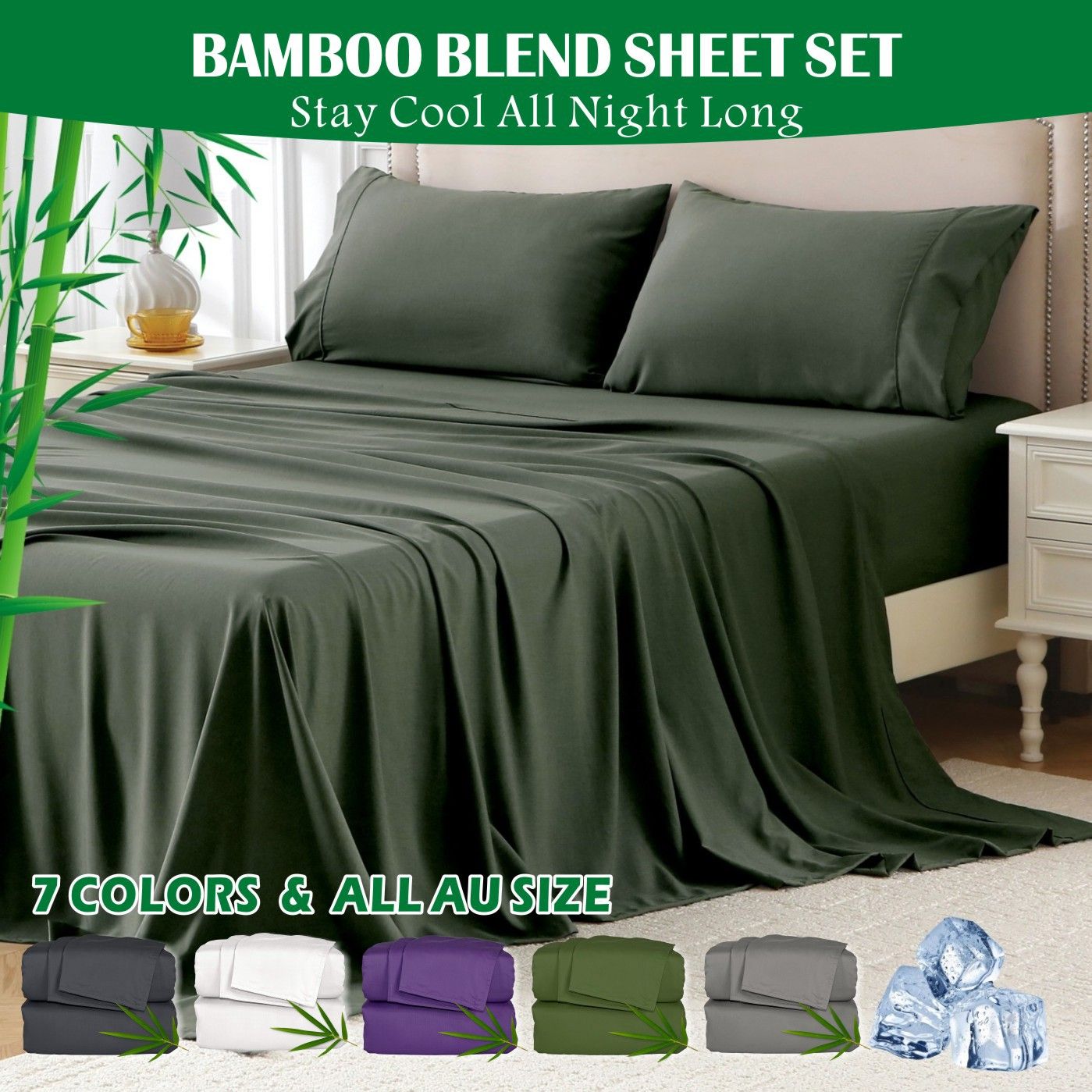4 Piece Hotel Bamboo Cooling Sheet Set -Ultra Soft 2000TC Breathable Bed Sheets Set with 37 Centimetre Deep Pocket-Cooling Sheets for Hot Sleepers(Olive green,Double)