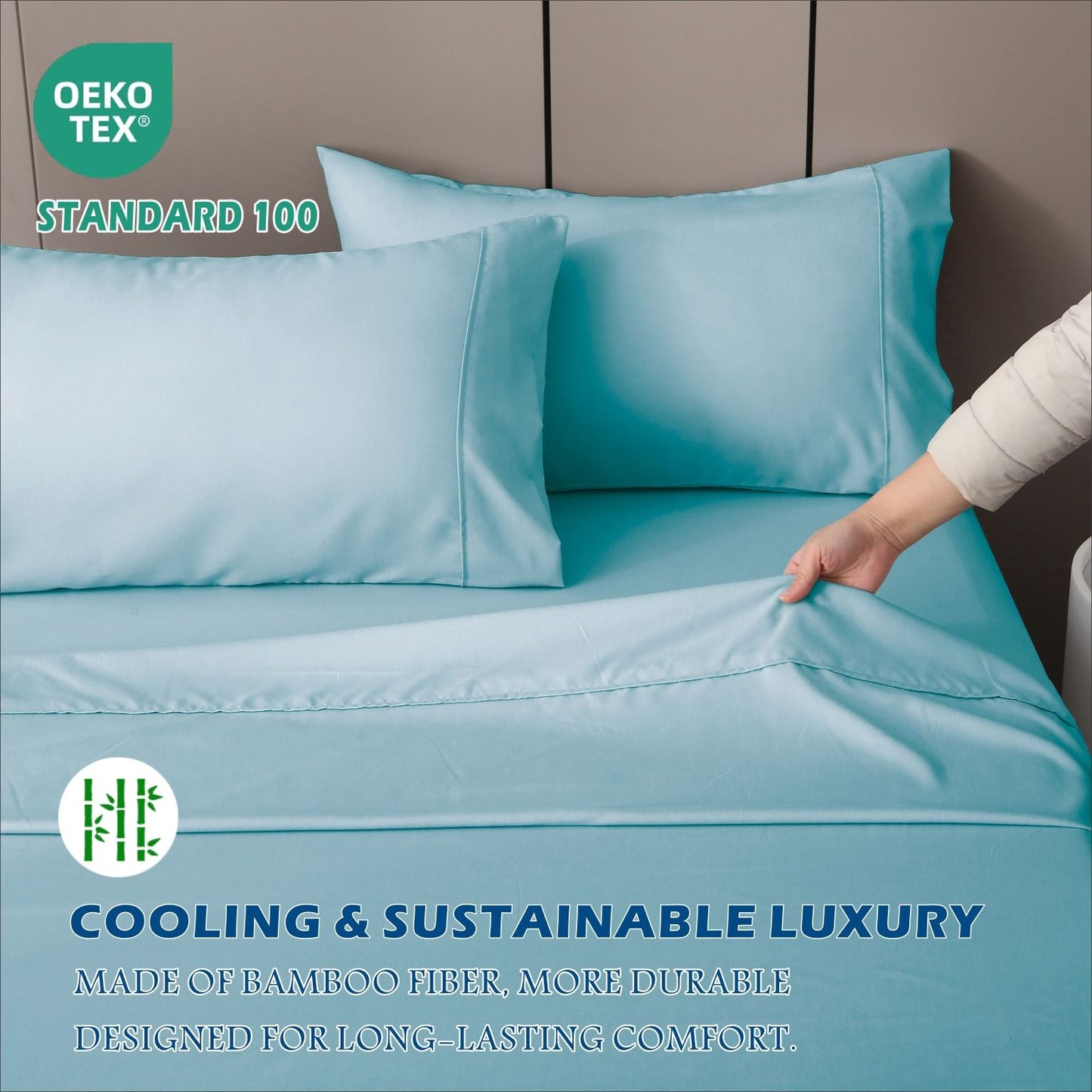 4 Piece Hotel Bamboo Cooling Sheet Set -Ultra Soft 2000TC Breathable Bed Sheets Set with 37 Centimetre Deep Pocket-Cooling Sheets for Hot Sleepers(Sky Blue,Double)