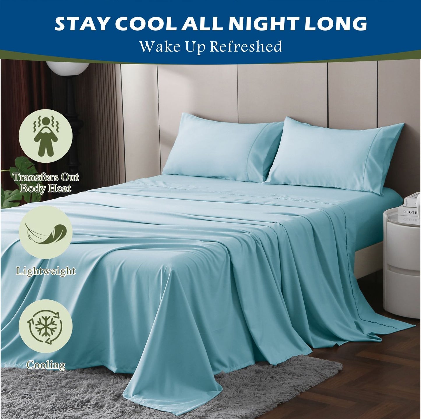 4 Piece Hotel Bamboo Cooling Sheet Set -Ultra Soft 2000TC Breathable Bed Sheets Set with 37 Centimetre Deep Pocket-Cooling Sheets for Hot Sleepers(Sky Blue,Double)