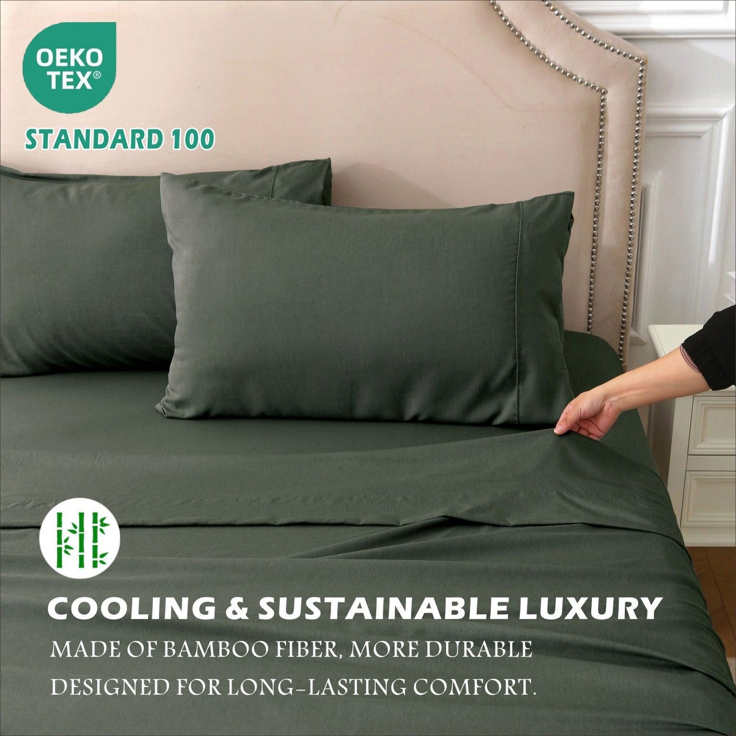 4 Piece Hotel Bamboo Cooling Sheet Set -Ultra Soft 2000TC Breathable Bed Sheets Set with 37 Centimetre Deep Pocket-Cooling Sheets for Hot Sleepers(Olive green,King)