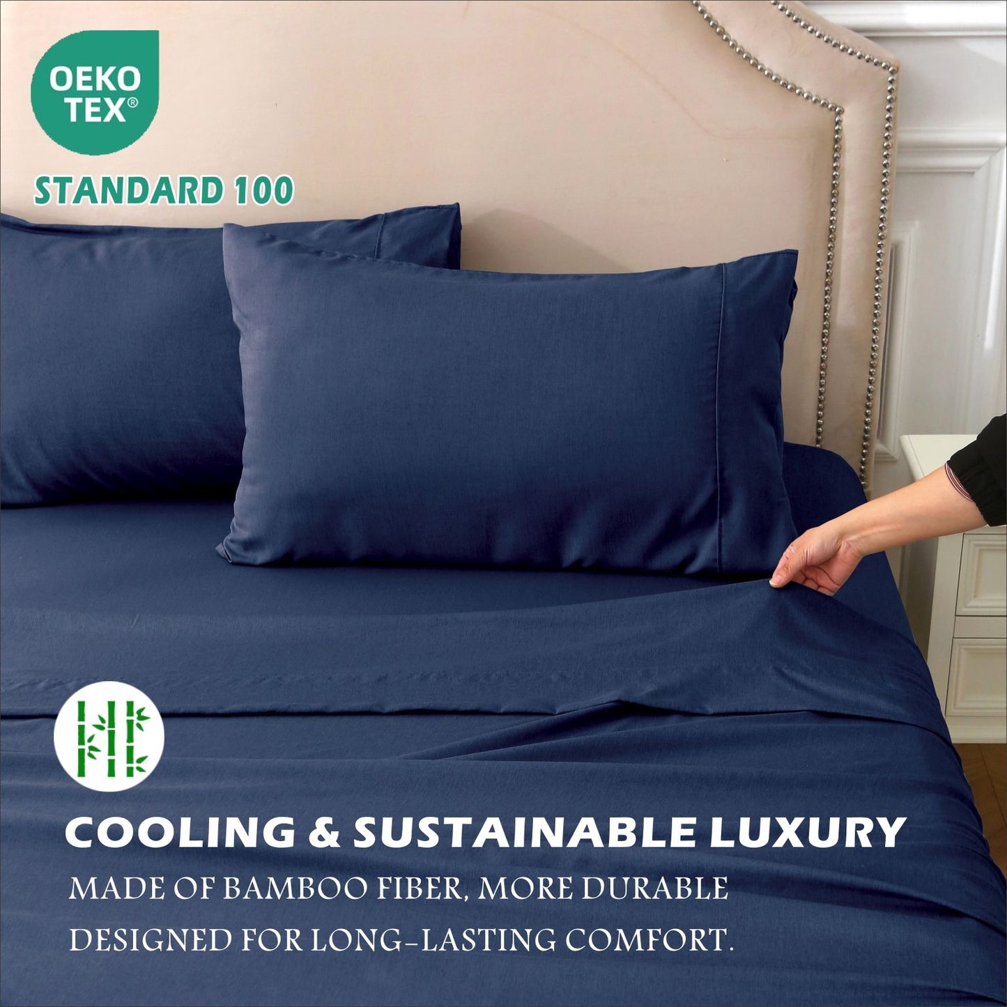 4 Piece Hotel Bamboo Cooling Sheet Set -Ultra Soft 2000TC Breathable Bed Sheets Set with 37 Centimetre Deep Pocket-Cooling Sheets for Hot Sleepers(Navy,King)