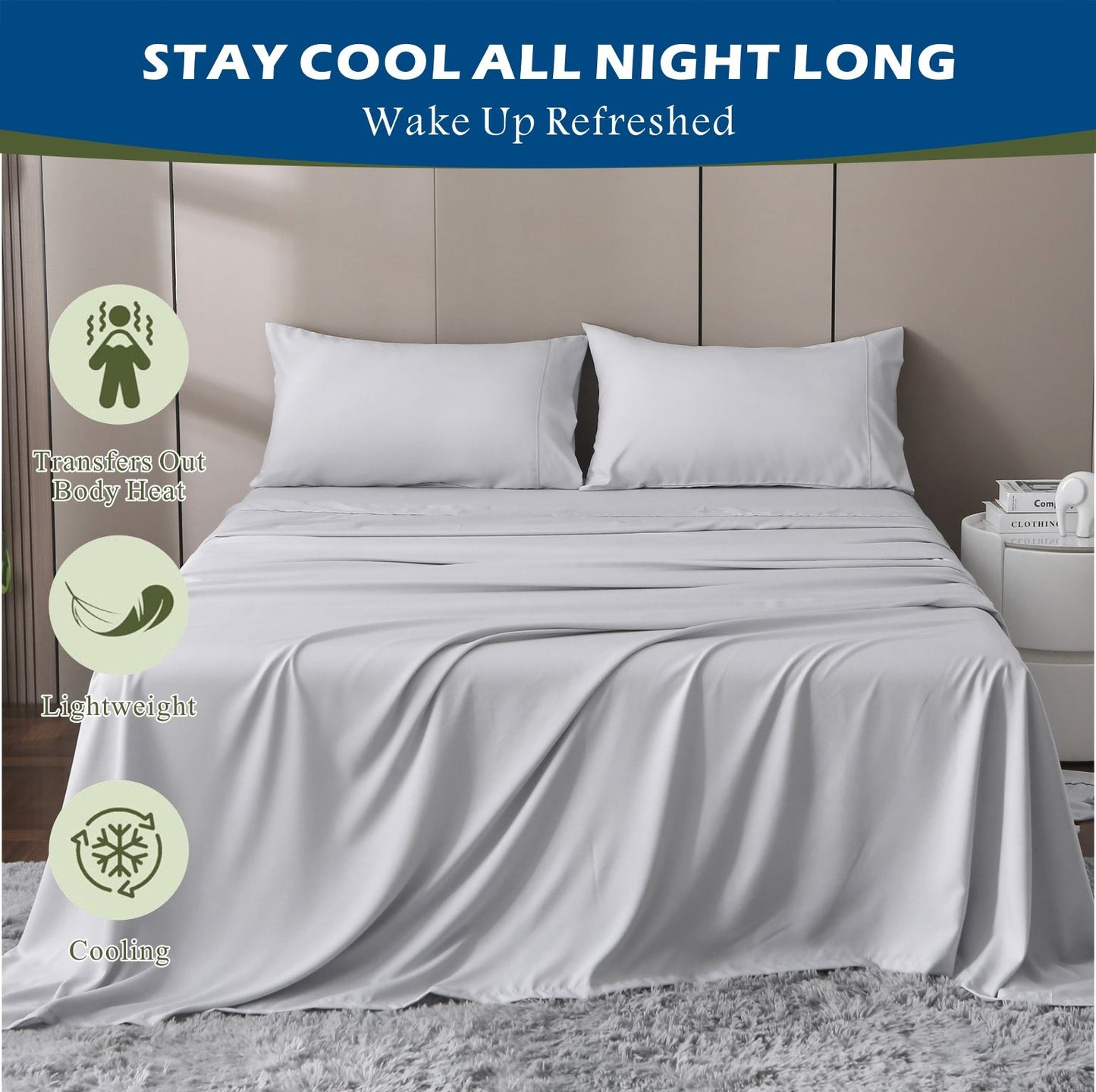 3 Piece Hotel Bamboo Cooling Sheet Set -Ultra Soft 2000TC Breathable Bed Sheets Set with 37 Centimetre Deep Pocket-Cooling Sheets for Hot Sleepers(Silver-gray,Single)