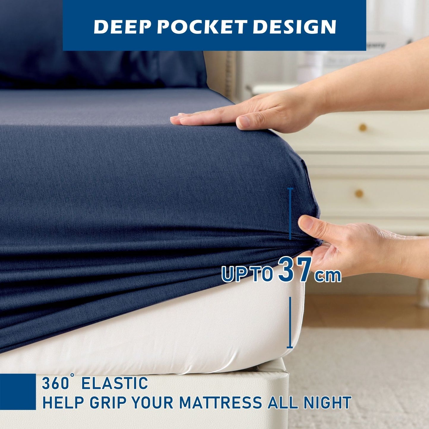 4 Piece Hotel Bamboo Cooling Sheet Set -Ultra Soft 2000TC Breathable Bed Sheets Set with 37 Centimetre Deep Pocket-Cooling Sheets for Hot Sleepers(Navy,Super King)