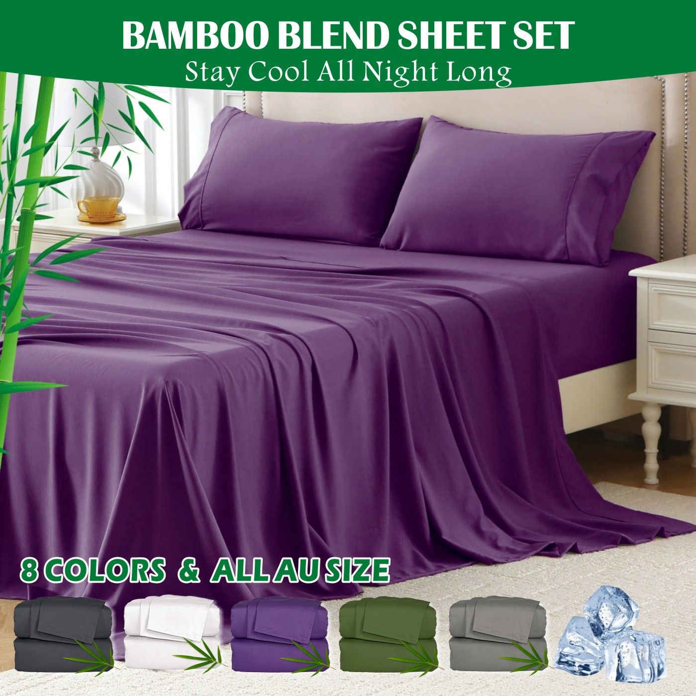 4 Piece Hotel Bamboo Cooling Sheet Set -Ultra Soft 2000TC Breathable Bed Sheets Set with 37 Centimetre Deep Pocket-Cooling Sheets for Hot Sleepers(Purple,Super King)