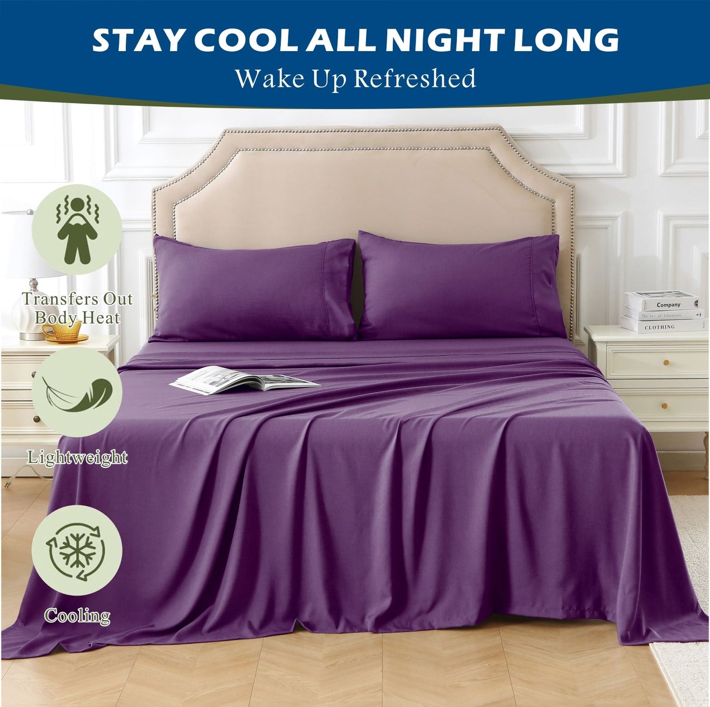 4 Piece Hotel Bamboo Cooling Sheet Set -Ultra Soft 2000TC Breathable Bed Sheets Set with 37 Centimetre Deep Pocket-Cooling Sheets for Hot Sleepers(Purple,Super King)