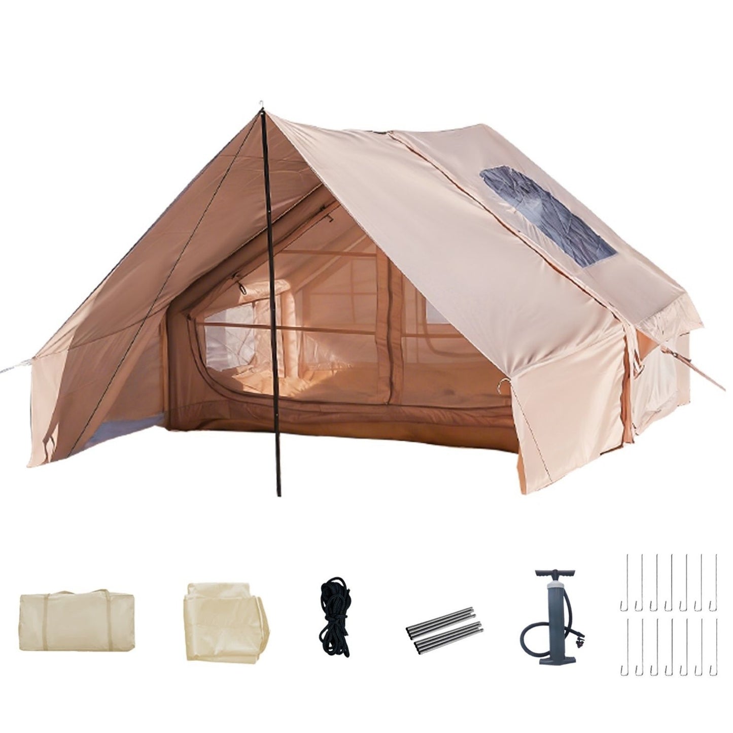 Inflatable Camping Tent with Canopy, Easy Setup Large 4-6 Person Family Waterproof Air Tent, Heavy Duty Cabin Glamping Hiking Blow up Tent with Awning Extension Porch & Air Pump -Khaki