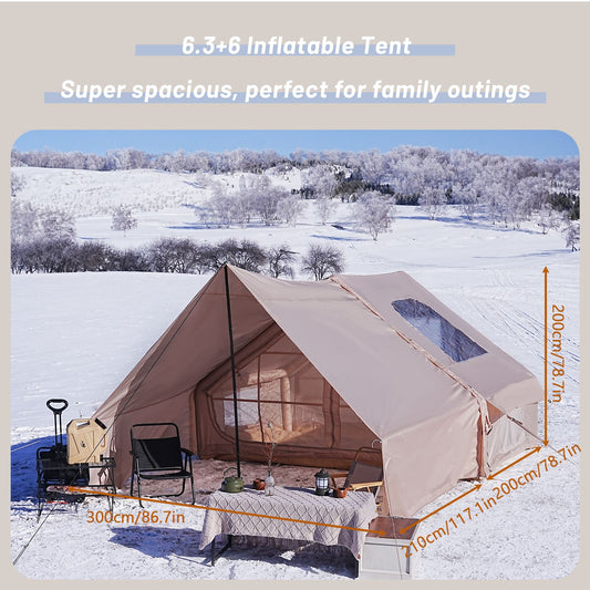 Inflatable Camping Tent with Canopy, Easy Setup Large 4-6 Person Family Waterproof Air Tent, Heavy Duty Cabin Glamping Hiking Blow up Tent with Awning Extension Porch & Air Pump -Khaki