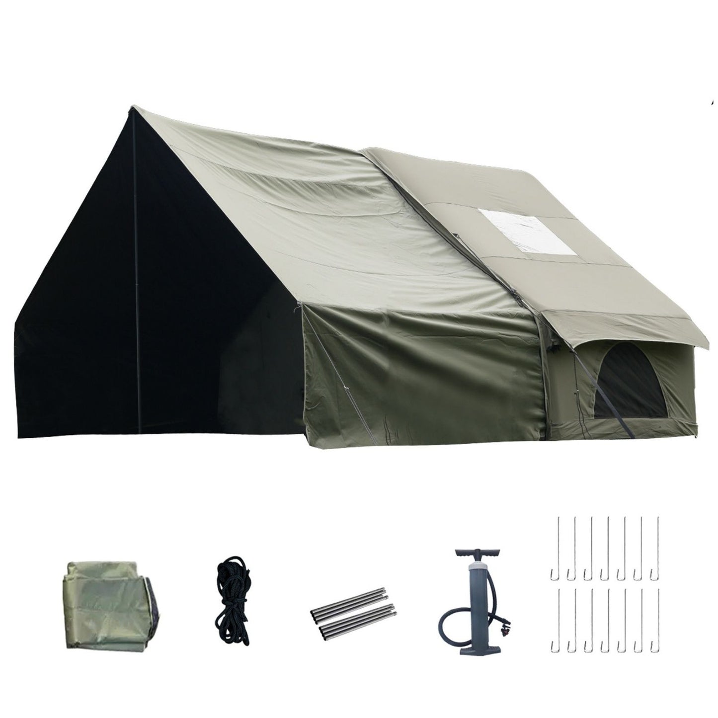 Dark Green Inflatable Camping Tent with Canopy, Large 4-6 Person, Waterproof, Heavy Duty Cabin Glamping Hiking Blow Up Tent with Awning Extension Porch and Air Pump