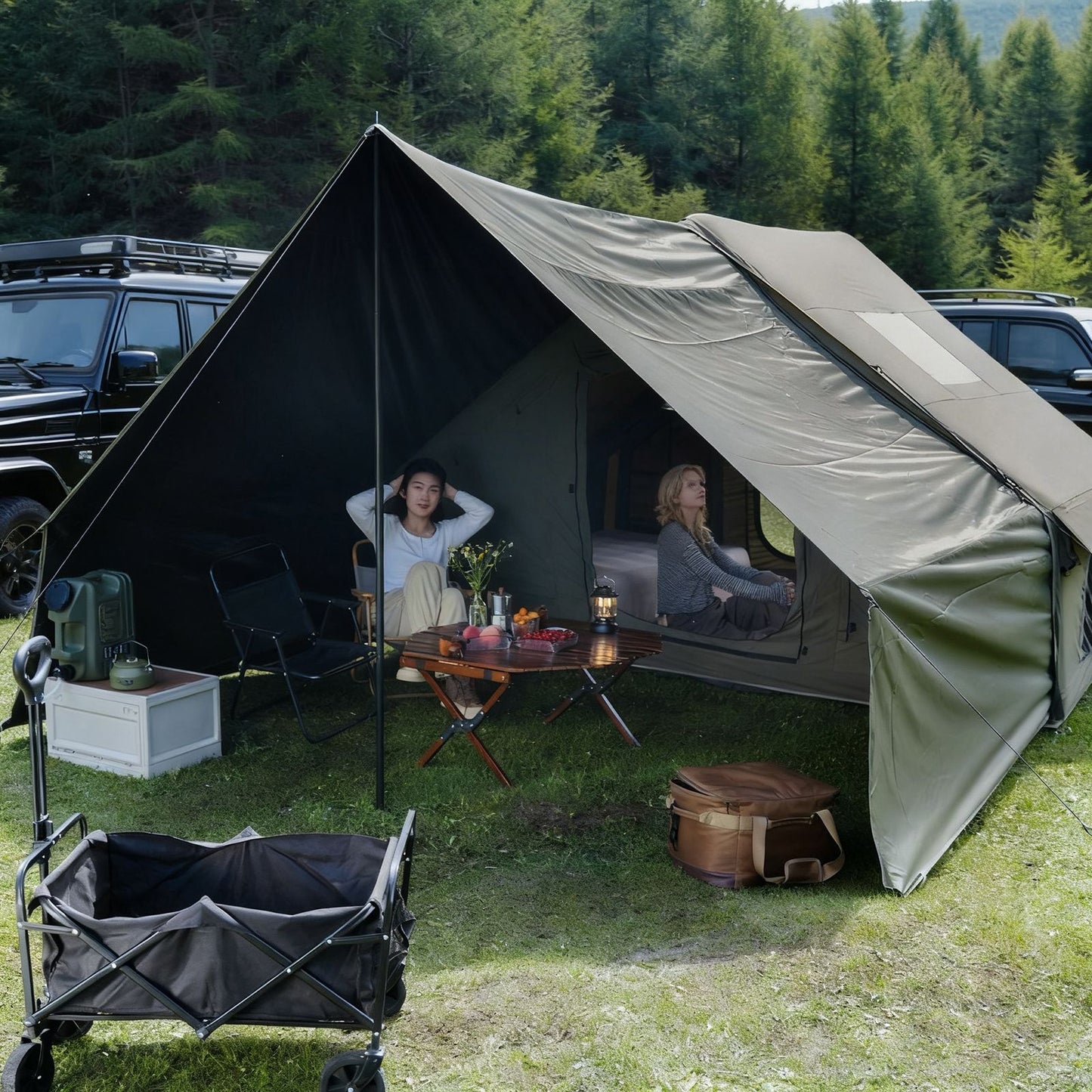 Dark Green Inflatable Camping Tent with Canopy, Large 4-6 Person, Waterproof, Heavy Duty Cabin Glamping Hiking Blow Up Tent with Awning Extension Porch and Air Pump