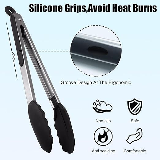 4 Pcs Kitchen Tongs Stainless Steel Set-9" & 12" Tong with Non Slip Silicone Tips and Grip, 11" Stainless Steel Cooking Tongs, Heat Resistant Kitchen Utensils for Cooking Baking Buffet