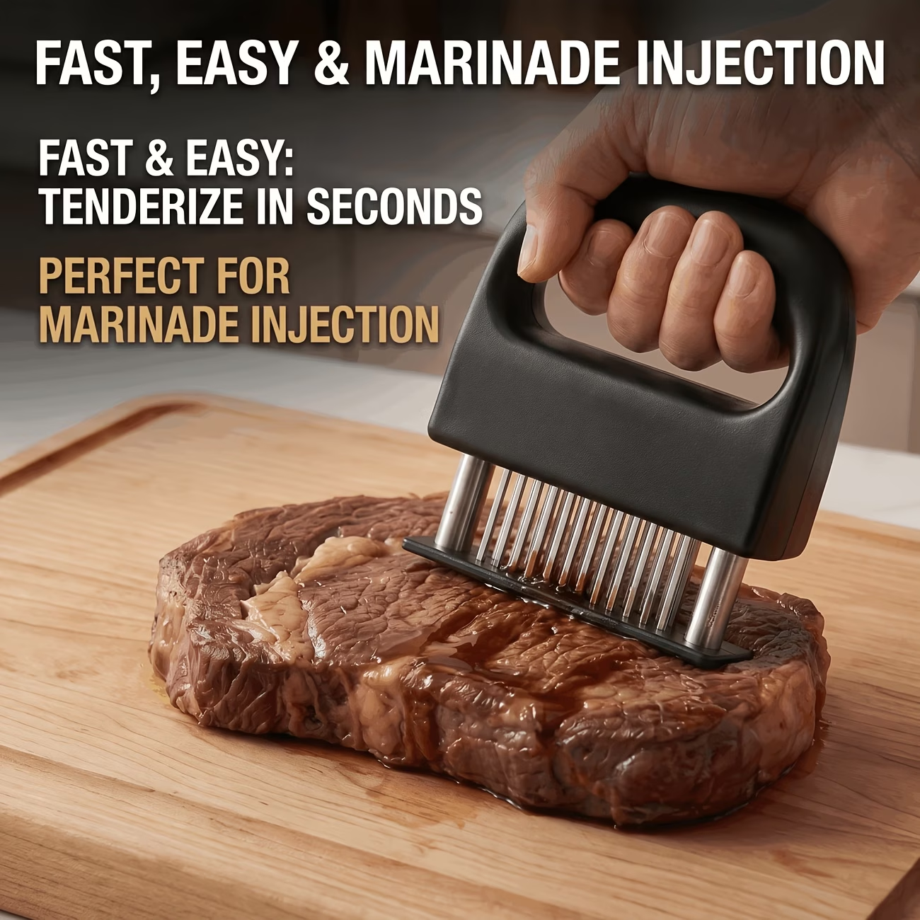 Heavy-duty meat tenderizer with 48 stainless steel needles and a locking mechanism – suitable for tenderizing steaks, beef, pork, turkey, fish, and poultry. Can be used with marinades. The black ABS handle is designed for professional kitchens.