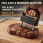 Heavy-duty meat tenderizer with 48 stainless steel needles and a locking mechanism – suitable for tenderizing steaks, beef, pork, turkey, fish, and poultry. Can be used with marinades. The black ABS handle is designed for professional kitchens.