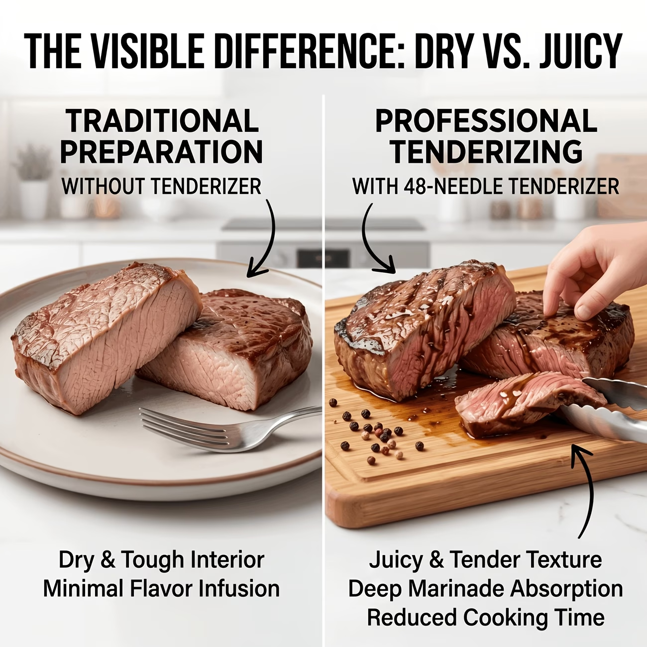 Heavy-duty meat tenderizer with 48 stainless steel needles and a locking mechanism – suitable for tenderizing steaks, beef, pork, turkey, fish, and poultry. Can be used with marinades. The black ABS handle is designed for professional kitchens.