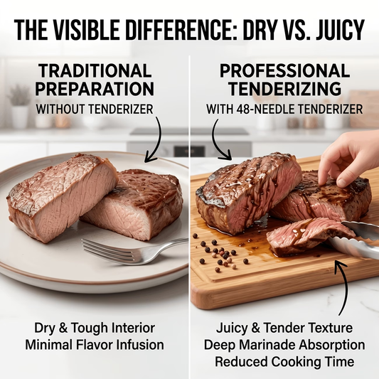 Heavy-duty meat tenderizer with 48 stainless steel needles and a locking mechanism – suitable for tenderizing steaks, beef, pork, turkey, fish, and poultry. Can be used with marinades. The black ABS handle is designed for professional kitchens.