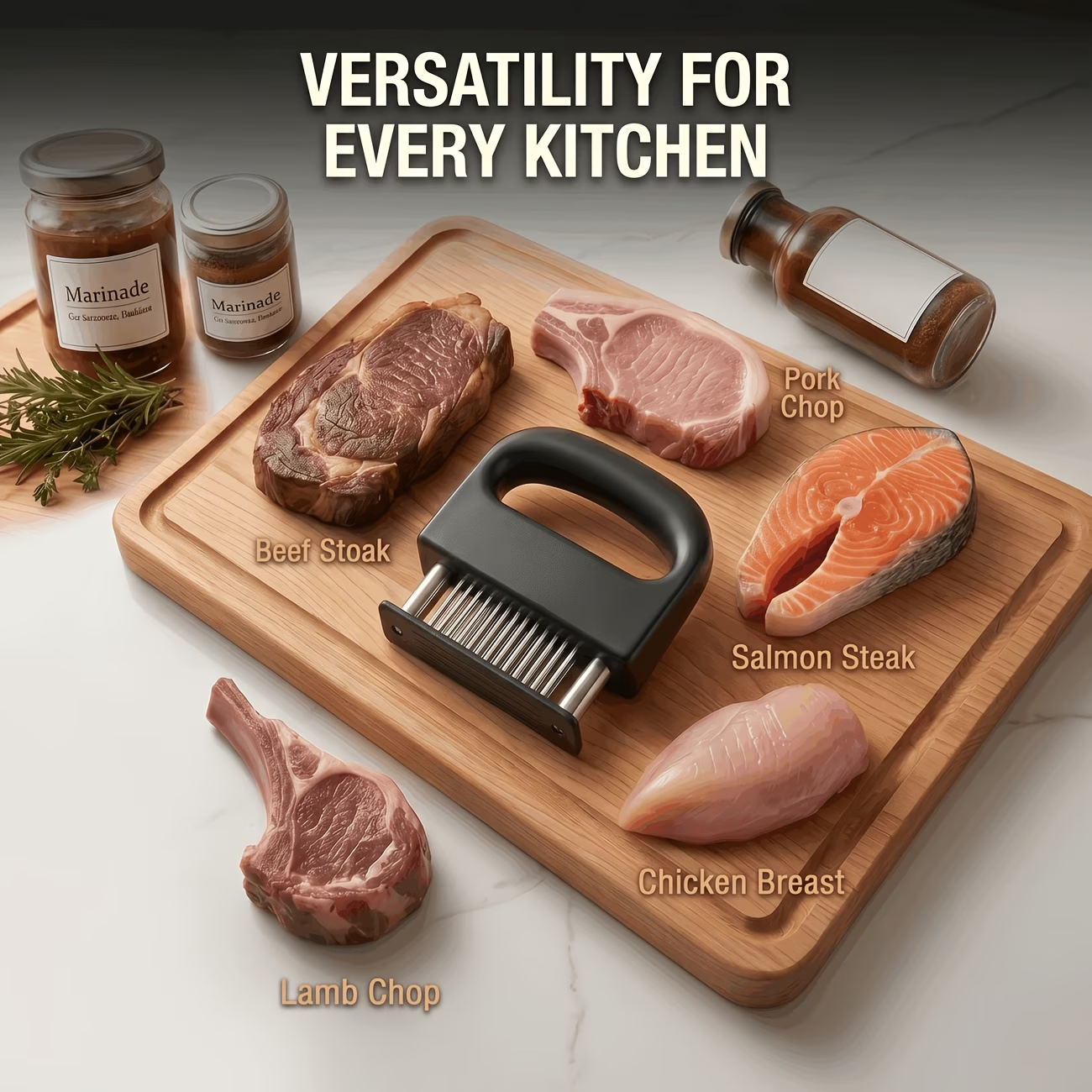 Heavy-duty meat tenderizer with 48 stainless steel needles and a locking mechanism – suitable for tenderizing steaks, beef, pork, turkey, fish, and poultry. Can be used with marinades. The black ABS handle is designed for professional kitchens.