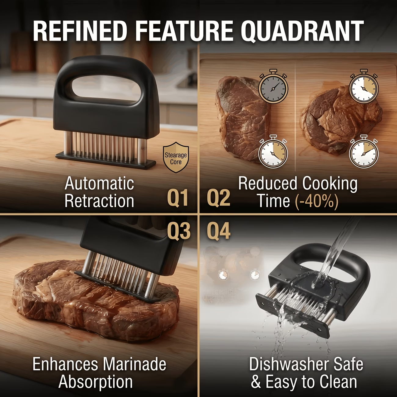 Heavy-duty meat tenderizer with 48 stainless steel needles and a locking mechanism – suitable for tenderizing steaks, beef, pork, turkey, fish, and poultry. Can be used with marinades. The black ABS handle is designed for professional kitchens.